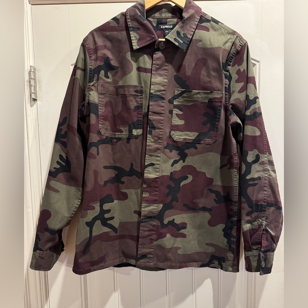 Express Men's Green and Brown Camouflage Jacket